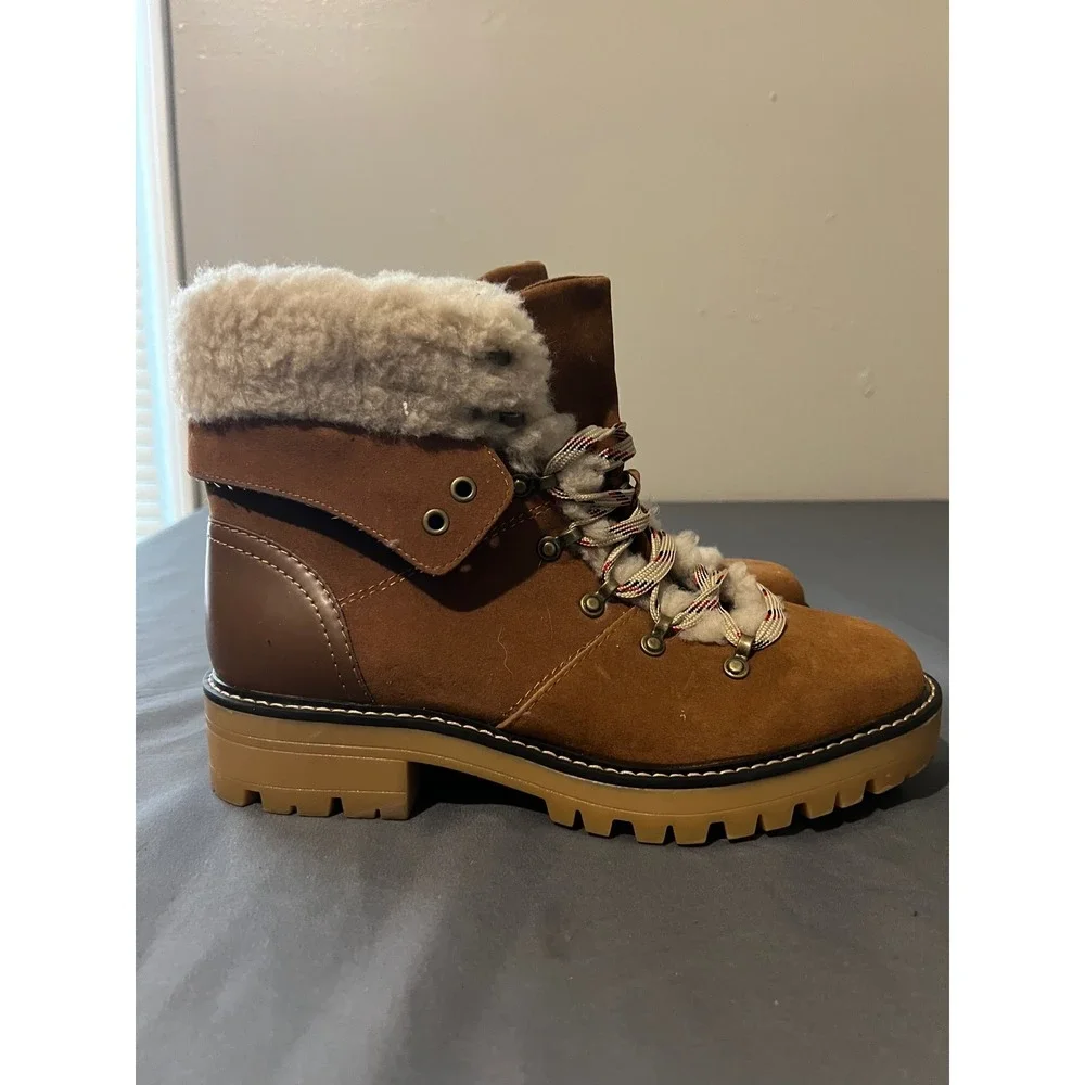 Time & Tru Womens Cognac Faux Shearling Hiking Boots‎ Brown Lug Sole Size 11W